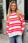 Explore More Collection - Follow Me Red/Pink Loose Knit Stripe Ribbed Pullover