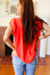 Explore More Collection - Red-Orange Mock Neck Flutter Sleeve Top