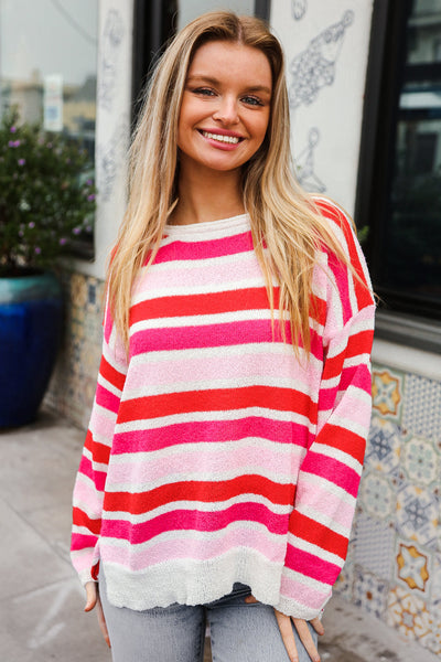 Explore More Collection - Follow Me Red/Pink Loose Knit Stripe Ribbed Pullover