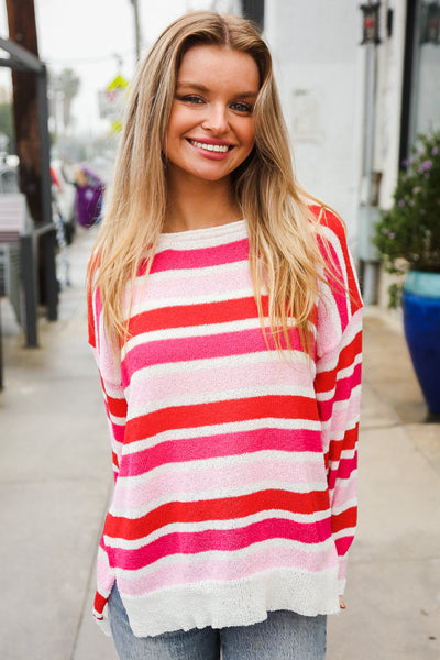 Explore More Collection - Follow Me Red/Pink Loose Knit Stripe Ribbed Pullover