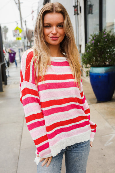 Explore More Collection - Follow Me Red/Pink Loose Knit Stripe Ribbed Pullover