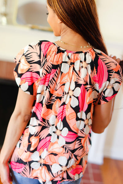 Explore More Collection - Peach Tropical Floral Tie Neck Raglan Top