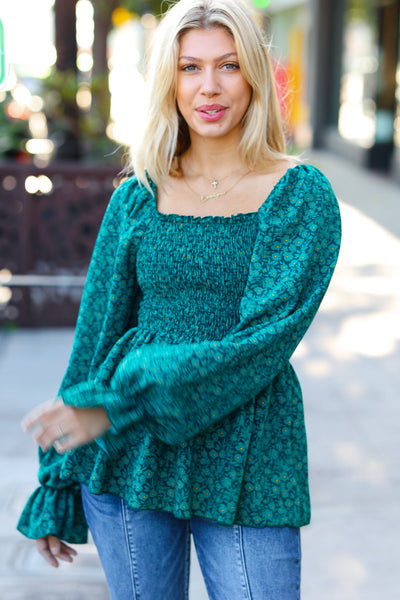 Explore More Collection - Always With You Teal Smocked Ditzy Floral Ruffle Top