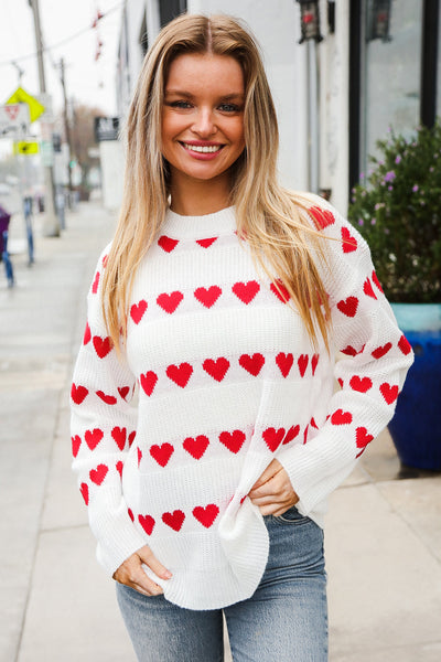 Explore More Collection - Be Mine White Jacquard Heart Stripe Pullover Sweater