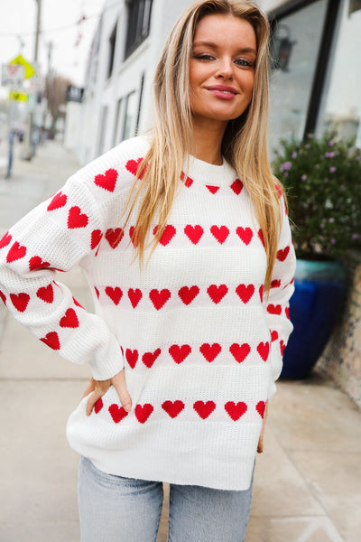 Explore More Collection - Be Mine White Jacquard Heart Stripe Pullover Sweater