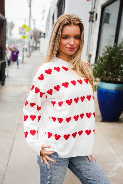 Explore More Collection - Be Mine White Jacquard Heart Stripe Pullover Sweater