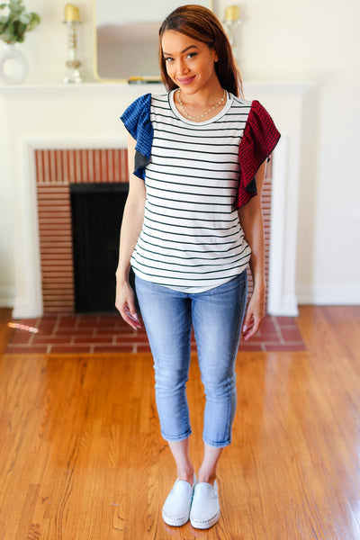 Explore More Collection - Glam It Up Red & Blue Glitter Flutter Sleeve Striped Top