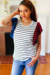 Explore More Collection - Glam It Up Red & Blue Glitter Flutter Sleeve Striped Top