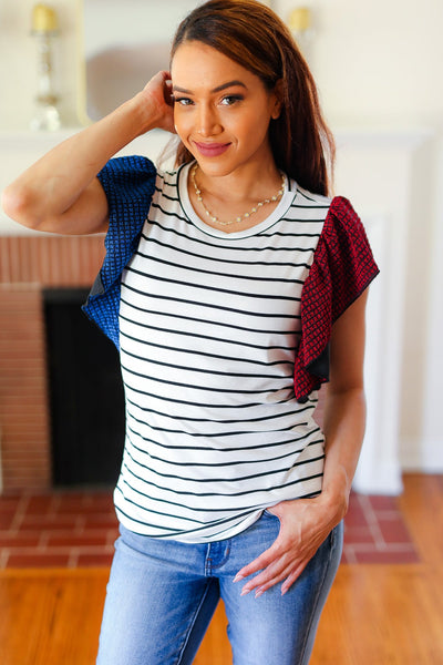 Explore More Collection - Glam It Up Red & Blue Glitter Flutter Sleeve Striped Top