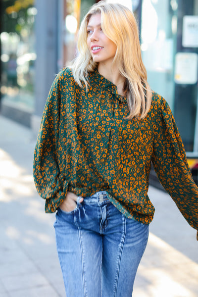 Explore More Collection - Sweet But Sassy Hunter Green Ditzy Floral Frill Neck Top