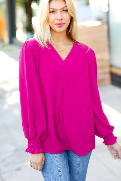 Explore More Collection - Feminine Flair Magenta Banded V Neck Smocked Top