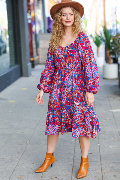 Explore More Collection - Take The Leap Magenta Floral Print Midi Dress