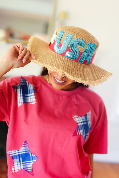 Explore More Collection - USA Sequin Frayed Edge Straw Hat