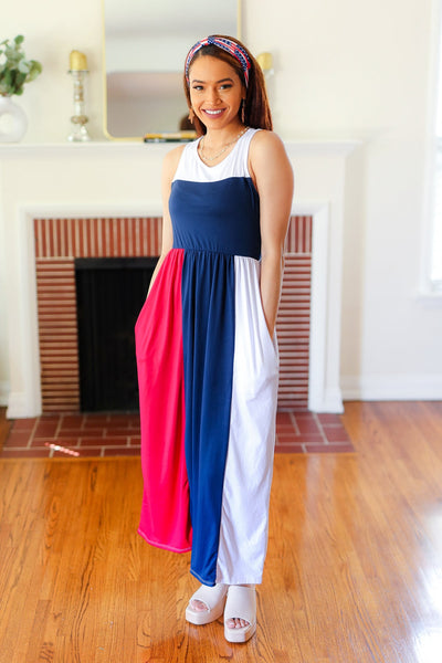 Explore More Collection - Patriotic Color Block Fit & Flare Maxi Dress