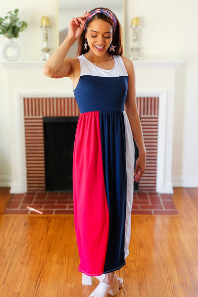 Explore More Collection - Patriotic Color Block Fit & Flare Maxi Dress