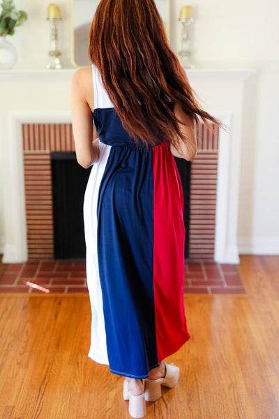 Explore More Collection - Patriotic Color Block Fit & Flare Maxi Dress