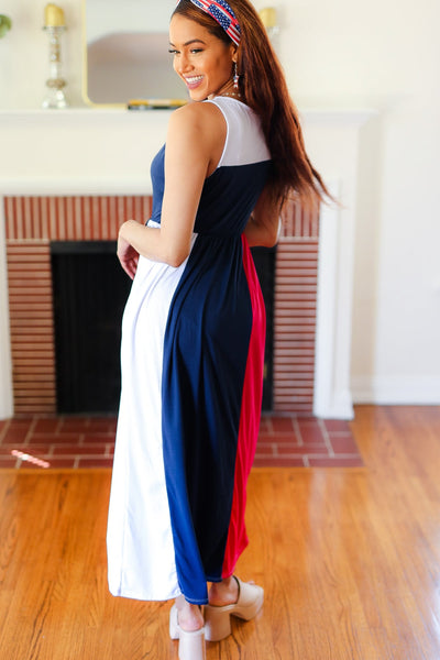 Explore More Collection - Patriotic Color Block Fit & Flare Maxi Dress