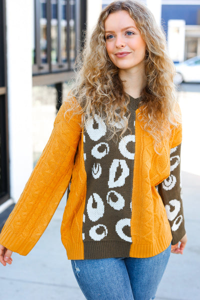 Explore More Collection - Call On Me Mustard & Olive Animal Print Cable Color Block Sweater