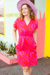 Explore More Collection - Red & Fuchsia Zebra Surplice V Neck Pocketed Dress