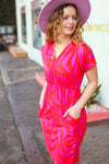 Explore More Collection - Red & Fuchsia Zebra Surplice V Neck Pocketed Dress