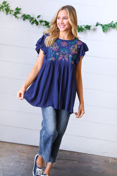 Explore More Collection - Navy Floral Embroidered Flutter Sleeve Top