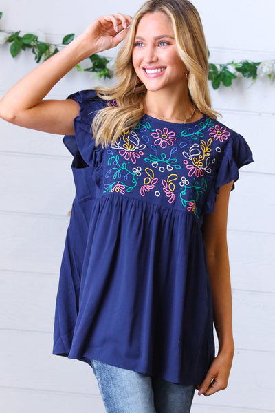 Explore More Collection - Navy Floral Embroidered Flutter Sleeve Top