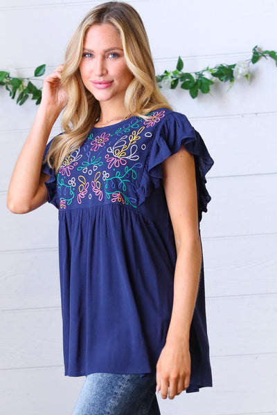 Explore More Collection - Navy Floral Embroidered Flutter Sleeve Top