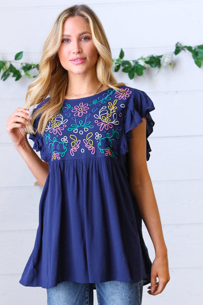 Explore More Collection - Navy Floral Embroidered Flutter Sleeve Top