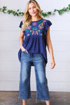 Explore More Collection - Navy Floral Embroidered Flutter Sleeve Top