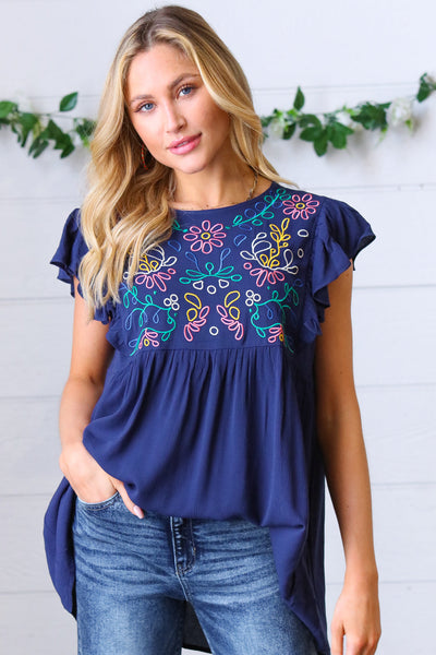 Explore More Collection - Navy Floral Embroidered Flutter Sleeve Top