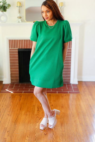 Explore More Collection - Boldy You Kelly Green Textured Puff Sleeve Dress