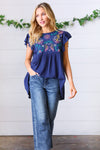 Explore More Collection - Navy Floral Embroidered Flutter Sleeve Top