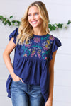 Explore More Collection - Navy Floral Embroidered Flutter Sleeve Top