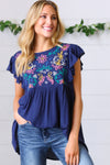 Explore More Collection - Navy Floral Embroidered Flutter Sleeve Top