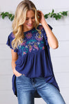 Explore More Collection - Navy Floral Embroidered Flutter Sleeve Top