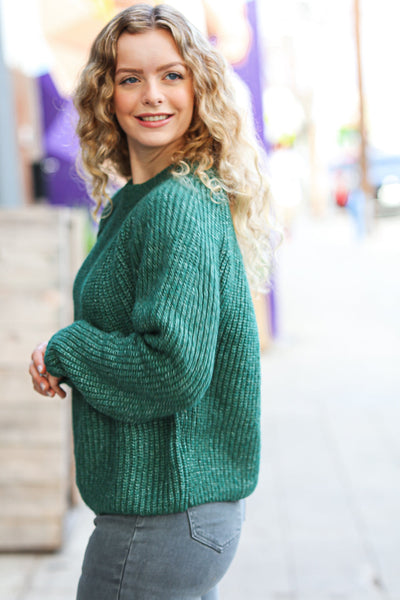Explore More Collection - Holiday Green Mélange Round Neck Knit Sweater