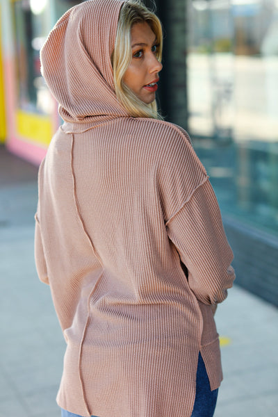 Explore More Collection - Latte Mineral Wash Rib Knit Hoodie
