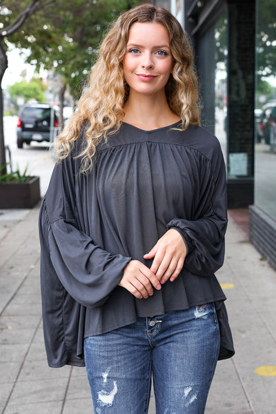 Explore More Collection - Casual Chic Charcoal V Neck Yoke Modal Knit Top