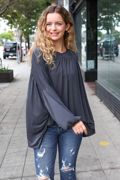 Explore More Collection - Casual Chic Charcoal V Neck Yoke Modal Knit Top