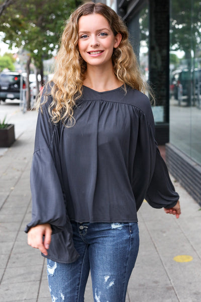 Explore More Collection - Casual Chic Charcoal V Neck Yoke Modal Knit Top