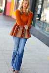 Explore More Collection - Autumn Days Rust Babydoll Paisley Bell Sleeve Top