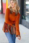 Explore More Collection - Autumn Days Rust Babydoll Paisley Bell Sleeve Top