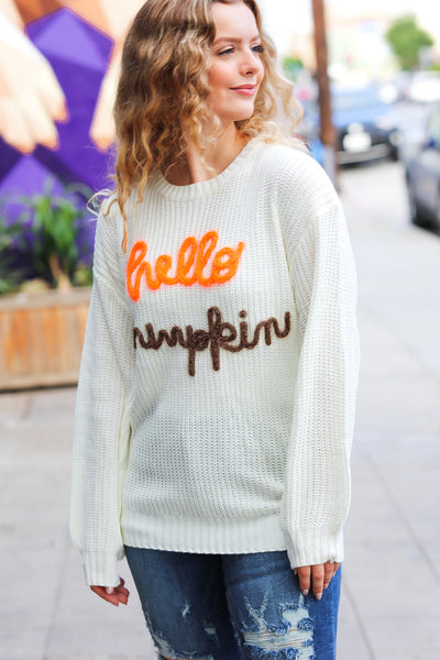 Explore More Collection - Spotlight Lurex Embroidered Neon "Hello Pumpkin" Chunky Sweater