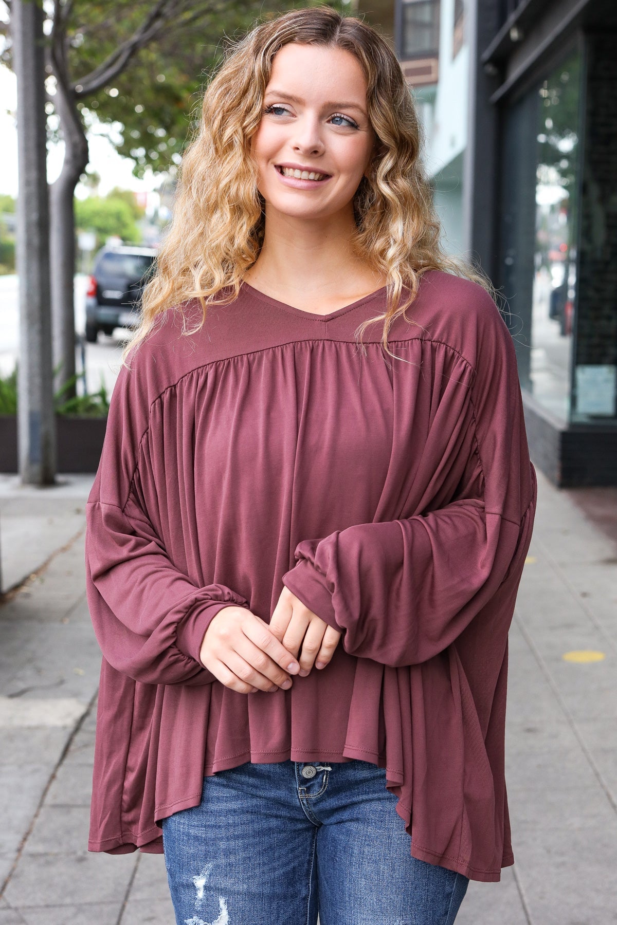 Explore More Collection - Casual Chic Wine V Neck Yoke Modal Knit Oversized Top