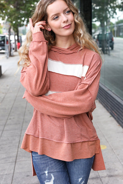 Explore More Collection - Feeling Playful Rust Stripe Color Block French Terry Hoodie