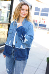 Explore More Collection - Easy Moves Blue Color Block Distressed Denim Jacket