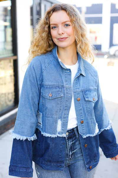 Explore More Collection - Easy Moves Blue Color Block Distressed Denim Jacket