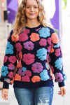 Explore More Collection - Feeling Joyful Navy & Fuchsia Embroidered Sherpa Flower Pullover