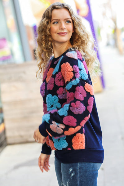 Explore More Collection - Feeling Joyful Navy & Fuchsia Embroidered Sherpa Flower Pullover