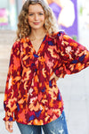 Explore More Collection - Face The Day Burgundy Floral Abstract Print V Neck Smocked Top